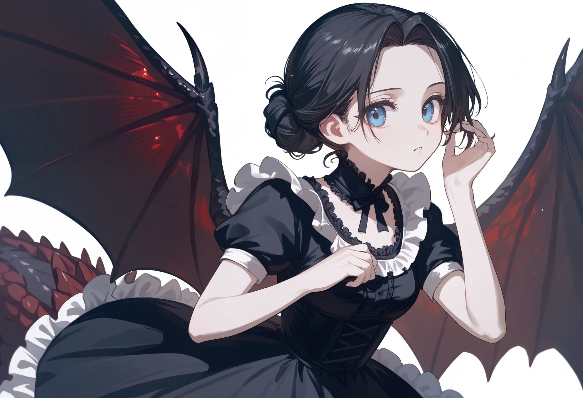 masterpiece, T-ponyai3 style, zoom out, score_9, score_8_up, score_7_up, portrait, 1girl, solo, black hair, tied hair, hair bun, parted bangs, dark blue eyes, innexpressive, pale skin, small breasts, upper body, victorian fashion, black dress, frilled dress, short sleeves, black dragon wings, delicate hand, perfect hands, white background, best quality