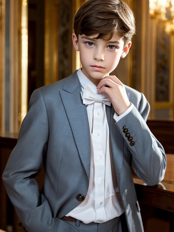 Masterpiece best quality A ten year old boy short light brown hair blue eyes sad and serious look white skin fine features boy handsome male fine European features fine clothes elegant formal well dressed formal living room luxurious classic elegant dark clothes gray oxford inside of a Roman Catholic temple or