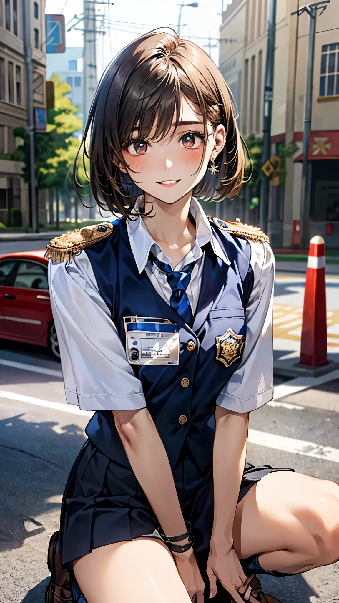 (masterpiece:1.3, top-quality, ultra high resolution, ultra detailed), (realistic, photorealistic:1.4), beautiful illustration, perfect lighting, natural lighting, depth of fields, portrait, 
beautiful detailed hair, beautiful detailed face, beautiful detailed eyes, beautiful clavicle, beautiful body, beautiful chest, beautiful thigh, beautiful legs, beautiful hands, 
looking at viewer, (face focus, upperbody), 1 girl, 19 years old, (perfect anatomy, anatomically correct), cute and symmetrical face, babyface, perfect face, perfect eyes, shiny skin, 
(short hair, bob cut:1,2, light brown hair), crossed bangs, navy eyes, long eye lasher, (medium breasts, juicy thighs, attractive thighs), 
((detailed cloth texture, policewoman:1.4, uniform, limited cap, uniform button, tie, uniform jacket, baton, handcuffs, wireless, vest, leather shoes, name tag, uniform patch, bulletproof vest, police badge, skirt, boots, gun, police badge, epaulettes, uniform skirt)), 
(beautiful scenery), night, (cityscape, police vehicles), index finger raised, (lovely smile, upper eyes, parted lips), 