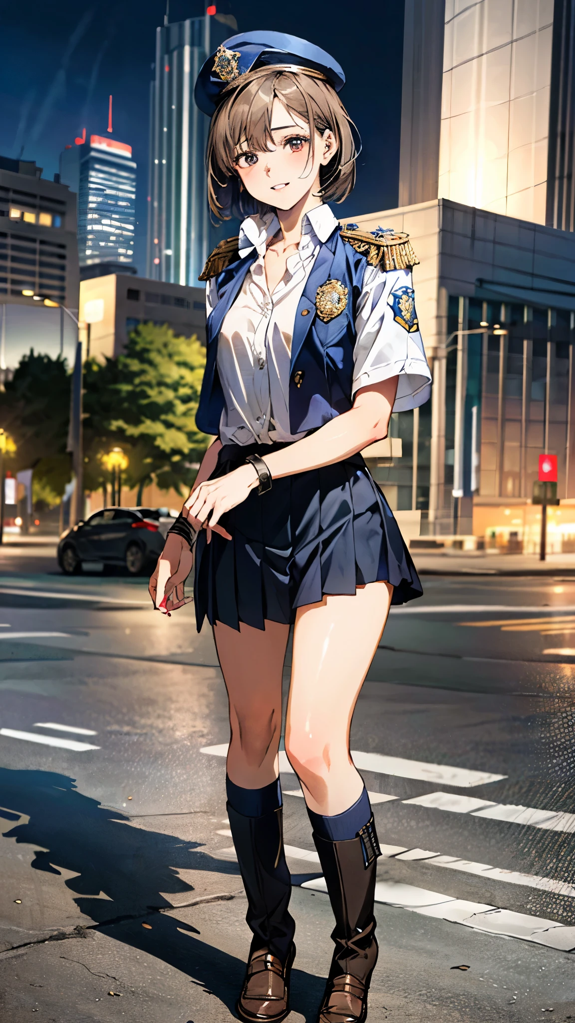 (masterpiece:1.3, top-quality, ultra high resolution, ultra detailed), (realistic, photorealistic:1.4), beautiful illustration, perfect lighting, natural lighting, depth of fields, portrait,
beautiful detailed hair, beautiful detailed face, beautiful detailed eyes, beautiful clavicle, beautiful body, beautiful chest, beautiful thigh, beautiful legs, beautiful hands,
looking at viewer, (face focus, upperbody), 1 girl, 19 years old, (perfect anatomy, anatomically correct), cute and symmetrical face, babyface, perfect face, perfect eyes, shiny skin,
(short hair, bob cut:1,2, light brown hair), crossed bangs, navy eyes, long eye lasher, (medium breasts, juicy thighs, attractive thighs),
((detailed cloth texture, policewoman:1.4, uniform, limited cap, uniform button, tie, uniform jacket, baton, handcuffs, wireless, vest, leather shoes, name tag, uniform patch, bulletproof vest, police badge, skirt, boots, gun, police badge, epaulettes, uniform skirt)),
(beautiful scenery), night, (cityscape, police vehicles), index finger raised, (lovely smile, upper eyes, parted lips),