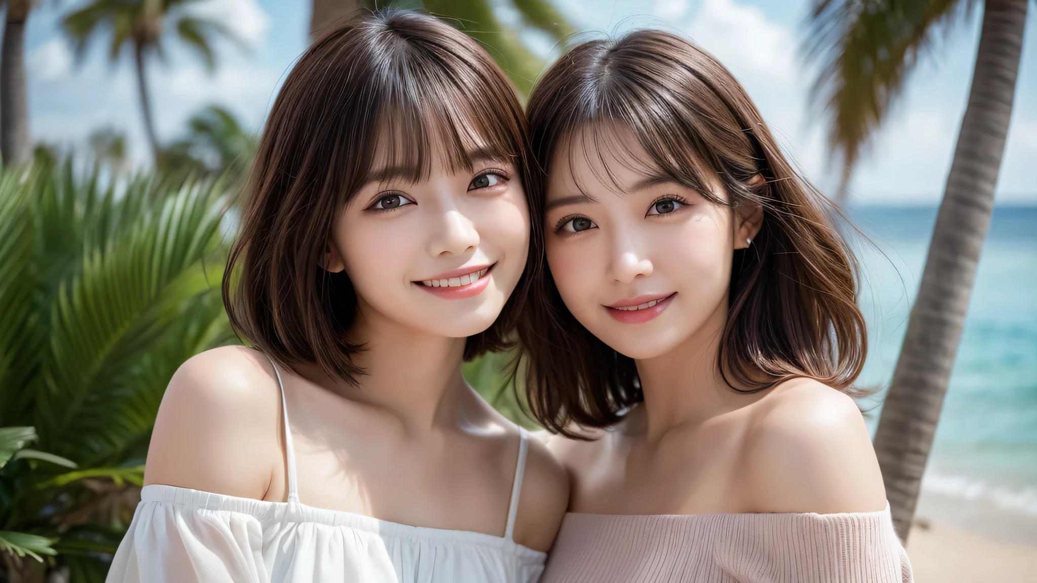 (2girl), (middle length bob hair), happy smile, (Ultra realistic, high res), (extremely detailed beautiful face), Amazing face and eyes, (Best Quality:1.4), (Ultra-detailed), (extremely detailed CG unified 8k wallpaper), Highly detailed, High-definition raw color photos, Professional Photography, Realistic portrait, Amazing face and eyes, Pink eyes, Brown hair, Model, off shoulder, beach, Palm tree, sea ​​spray, waves,