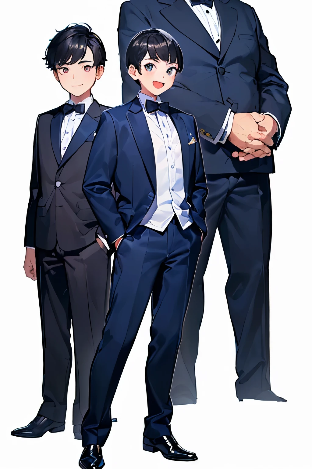 ((best quality)), ((masterpiece)), (detailed), ((perfect face)), (((14yo boy with mouth open))), (((standing front on))), (((black hair))), (((full body))), (((hands in pockets))), (((wearing navy blue suit)), (((white background))), (((looking at viewer))), (((happy:1.5))), (((big, wide eyes)))