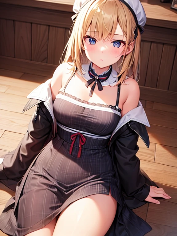 (NSFW:1.2), ultra detailed game CG, (High resolution:1.1),(absurderes:1.1), Best Quality, Ultra high definition, The highest resolution, Very detailed, Anime, 1girl in, (Skirt lift:1.1), Blonde hair, Blue eyes, White blouses, (White panty:1.2), Blue Ribbon, corsets, broach, under the boobs, thighs thighs thighs thighs, sit on stairs, (Medieval European Streets:1.1), Wind