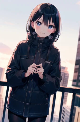 (morning), One girl, alone, View your viewers, winter, Cowboy Shot, (Downtown), Cowboy Shot, smile, Black Hair