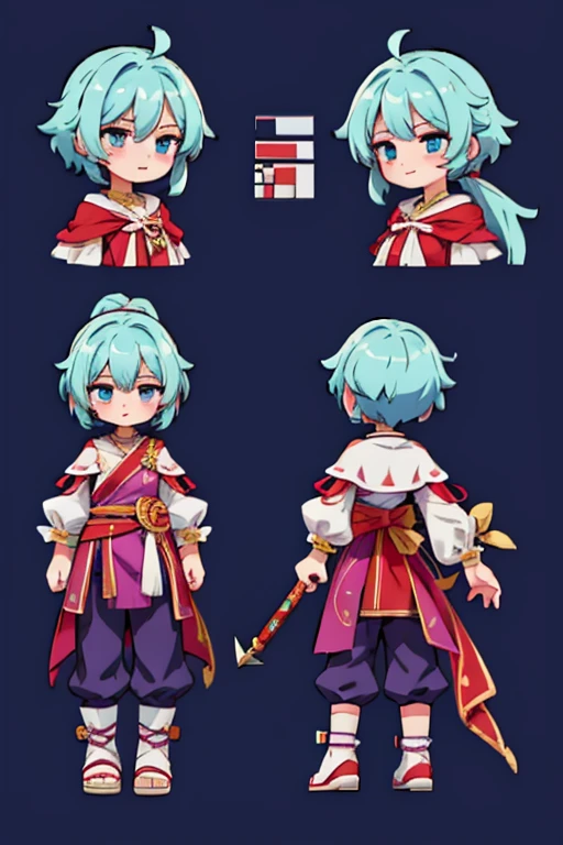 character sheet, full-length, front view and side view, rpg maker:: Swordsman, top-down, spritesheet rpgmaker:: --ar 7:5