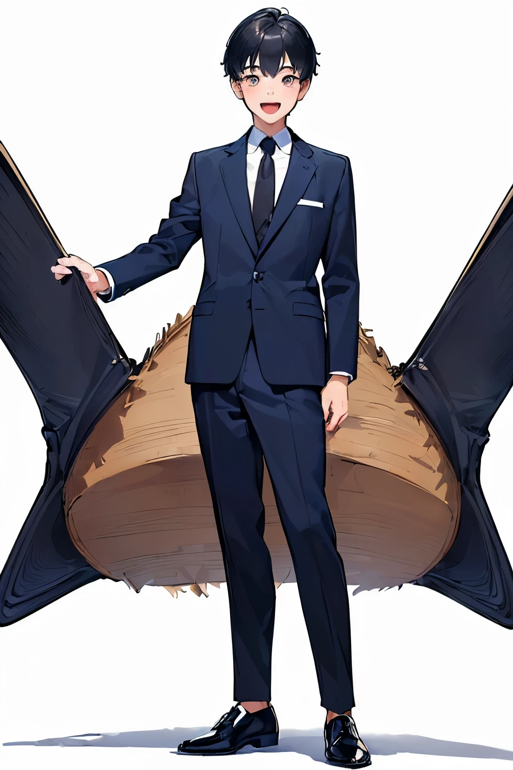 ((best quality)), ((masterpiece)), (detailed), ((perfect face)), ((( with mouth open))), (((standing front on))), (((black hair))), (((black shoes))), (((wearing navy blue suit)), (((white background))), (((looking at viewer))), (((happy:1.5))), (((big, wide eyes)))
