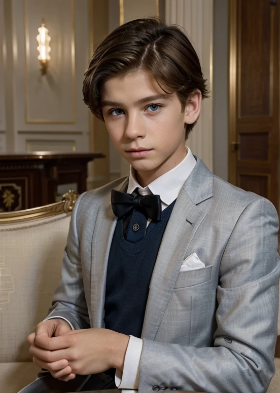 Masterpiece best quality A ten year old boy short light brown hair blue eyes sad and serious look white skin fine features boy handsome male fine European features fine clothes elegant formal well dressed formal living room luxurious classic elegant dark clothes gray oxford inside of a Roman Catholic temple or