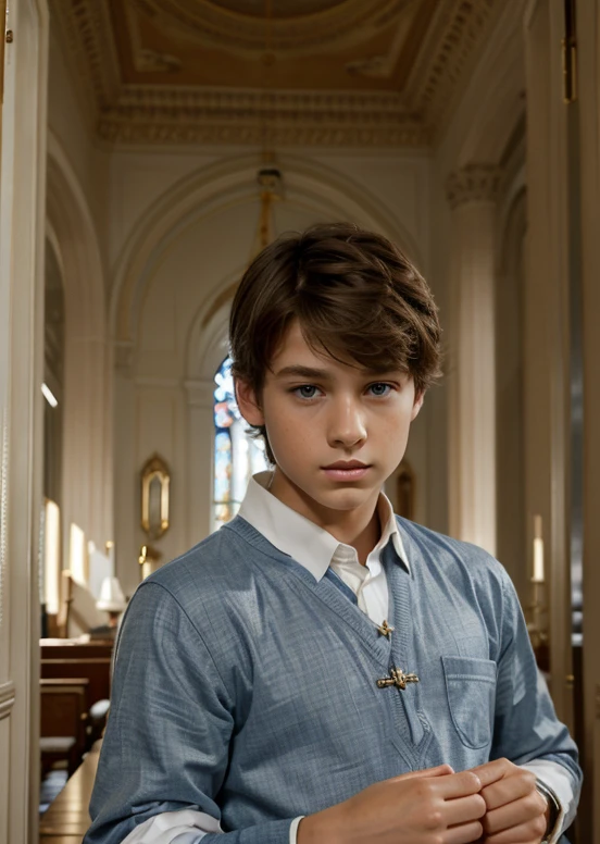 Masterpiece best quality A ten year old boy short light brown hair blue eyes sad and serious look white skin fine features boy handsome male fine European features fine clothes elegant formal well dressed formal living room luxurious classic elegant dark clothes gray oxford inside of a Roman Catholic temple or