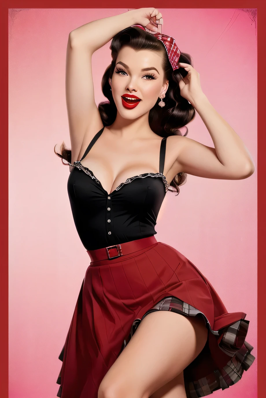 Ultra high resolution The girl leans forward at full heigh adding mystery and sexuality. (((Full length. the fluffy skirt rides up in the strong wind))) (((full skirt in pin-up style, knee length)))
The dress in the style of the 1950s, complete with a full skirt and petticoat, a red bandana on the head, and red stockings on the legs. ((((girl bends down to her legs.)))) stands on her feet leaning forward in the style of pin-up posters, . happy Smiling face. (((posing with her skirt up like girls on pin-up posters))) (pin up style clothes)
The photo is made in pin-up style the retro-USA vibe.  overposing, strong posing like a model, the skirt rides up a lot in the wind. the skirt rides up in the wind, the model holds it with her hand.

The model has a pin-up style with her hair styled in victory rolls, associated with Veronica Lake. She has plump sexy red lips, depicting an American housewife, against a single-color backgroundUltra hight resolution in stock photography style.
The dress is minimalist in large checks in the style of the 1950s, complete with a full skirt and petticoat, a red bandana on the head, and red stockings on the legs. The photo is made in pin-up style. emphasizing the retro-USA vibe. Her hair in a 50's pin-up style and open mouth creates the image of a glamorous girl. plain studio background
