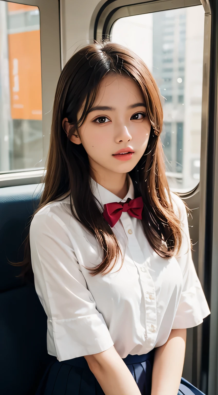 (masterpiece, highest quality:1.2), 8k, years, 85mm, Official Art, RAW Photos, Absurd, White dress shirt, Pretty face, close, Upper Body, Violet, Gardenias, beautiful girl, , (Navy Pleated Skirt:1.2), Squeeze the waist, Thighs, Short sleeve, in the train, Sitting on a bench seat, View your viewers, No makeup, (smile:0.4), Film Grain, chromatic aberration, Sharp focus, Face Light, Bright lighting, Teen, Detailed face, Bokeh Background, (Dark red bow tie:1.1)