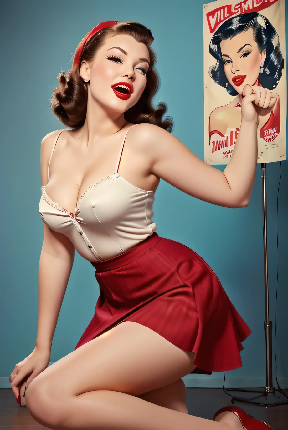 Ultra high resolution The girl leans forward at full heigh adding mystery and sexuality. (((Full length. the fluffy skirt rides up in the strong wind))) (((full skirt in pin-up style, knee length)))
The dress in the style of the 1950s, complete with a full skirt and petticoat, a red bandana on the head, and red stockings on the legs. ((((girl bends down to her legs.)))) stands on her feet leaning forward in the style of pin-up posters, . happy Smiling face. (((posing with her skirt up like girls on pin-up posters))) (pin up style clothes)
The photo is made in pin-up style the retro-USA vibe. overposing, strong posing like a model, the skirt rides up a lot in the wind. the skirt rides up in the wind, the model holds it with her hand.
The model has a pin-up style with her hair styled in victory rolls, associated with Veronica Lake. She has plump sexy red lips, depicting an American housewife, against a single-color backgroundUltra hight resolution in stock photography style.
The dress is minimalist in large checks in the style of the 1950s, complete with a full skirt and petticoat, a red bandana on the head, and red stockings on the legs. The photo is made in pin-up style. emphasizing the retro-USA vibe. Her hair in a 50's pin-up style and open mouth creates the image of a glamorous girl. plain studio background