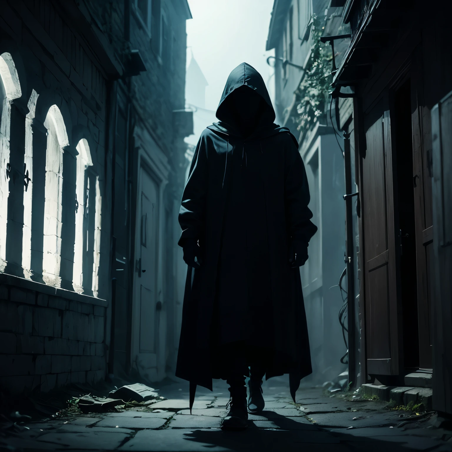 Create an illustration of a hooded character, debout dans une ruelle sombre, tenant un grimoire ancien. L’atmosphère doit être chargée de mystère et d’inquiétude. Use dark tones and strong contrasts to accentuate the horror atmosphere
