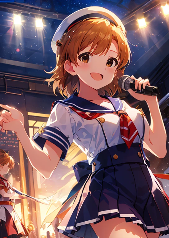 (Idol Master), (highest quality, 8k, masterpiece, Very detailed:1.4), (Lens flare, Particles of light, Shine), Big Breasts, smile, Open your mouth, masterpiece, highest quality, Very detailed, High resolution, Very detailedなCG, masterpiece, Official Art, From below, Perfect body, Red checked skirt, Sailor suit, School Scene
