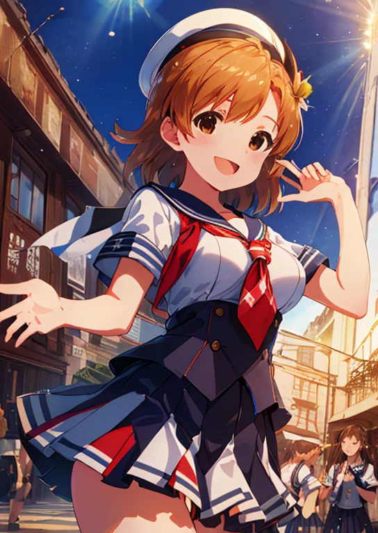  (Idol Master), (highest quality, 8k, masterpiece, Very detailed:1.4), (Lens flare, Particles of light, Shine), Big Breasts, smile, Open your mouth, masterpiece, highest quality, Very detailed, High resolution, Very detailedなCG, masterpiece, Official Art, From below,  Perfect body, Red checked skirt, Sailor suit, School Scene