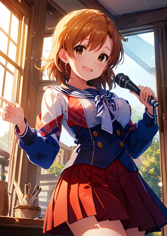  (Idol Master), (highest quality, 8k, masterpiece, Very detailed:1.4), (Lens flare, Particles of light, Shine), Big Breasts, smile, Open your mouth, masterpiece, highest quality, Very detailed, High resolution, Very detailedなCG, masterpiece, Official Art, From below,  Perfect body, Red checked skirt, Sailor suit, School Scene