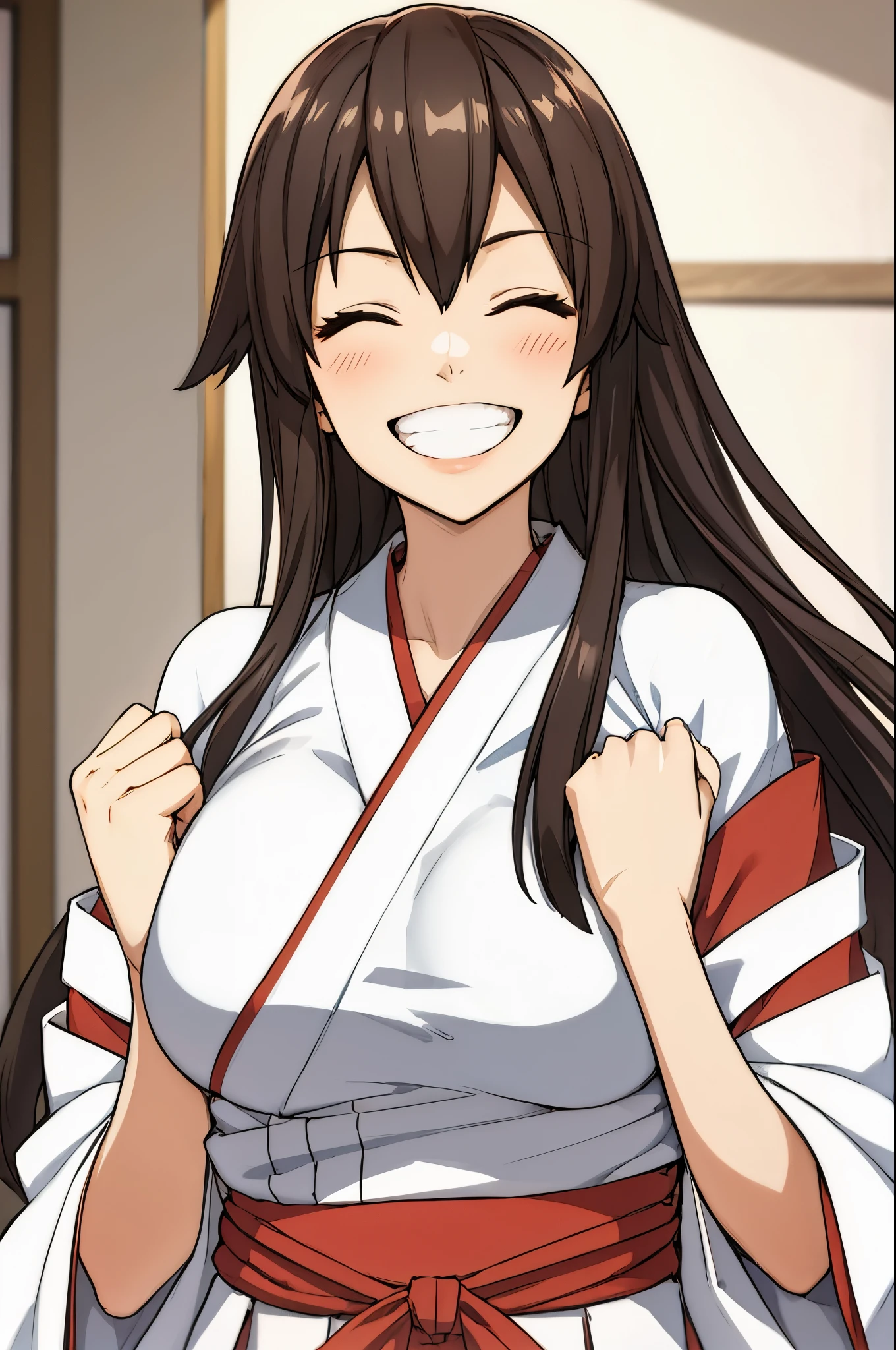 face focus, cowboy shot, happy, smile, hakama skirt, teeth, akagi_kantaicollection, long_hair, black_hair, closed eyes, miko clothes, 1girl, solo, (masterpiece:1.6, best quality),
