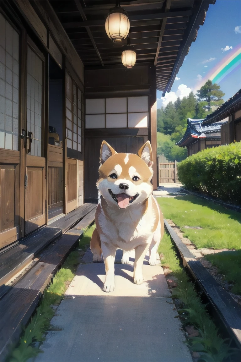 a Shiba Inu、Traditional Japanese House、Running around the garden、blue sky、rainbow