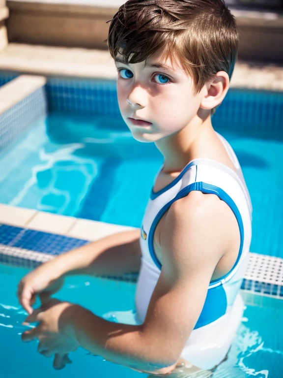 A -yeld bowhite skin, light brown hair, blue eyes, fine features, no semi-transparent shirt, blue swimsuit, a river on a stone