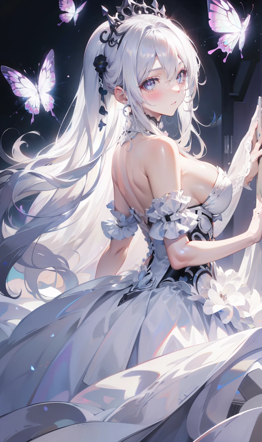 Silver Hair,Butterfly,Long white hair,White Wedding Dress,8k wallpaper,Detailed background,Maximum resolution,Deep V Big,hair covering one eye,Strapless wedding dress,Chis,White Rose,Tight