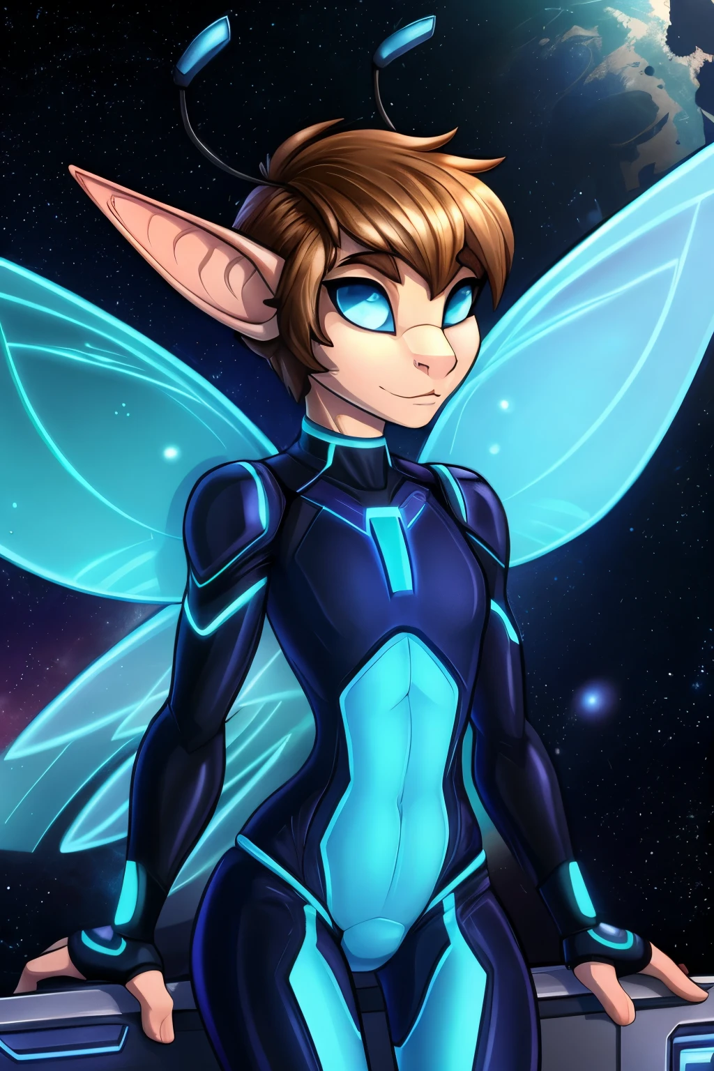 (Cute elf tomboy), Tomboy, pretty face, space station background, thin body, slim, fit, tron bodysuit, very short hair, dark blonde hair, brushed back hair, blue eyes, flat chested, anthro bug, Ant Antenna, bug wings, adjatha