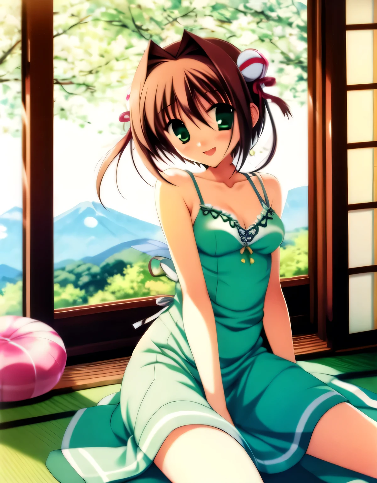 asakura_yume,((woman１people)),Brown Hair,Medium Chest,Aqua Eye,White skin,((Japanese-style room)),((Sitting)),((Bust up shot)),(((((green_Summer Dresses))))),((valley)),No bra,smile,Open your mouth,