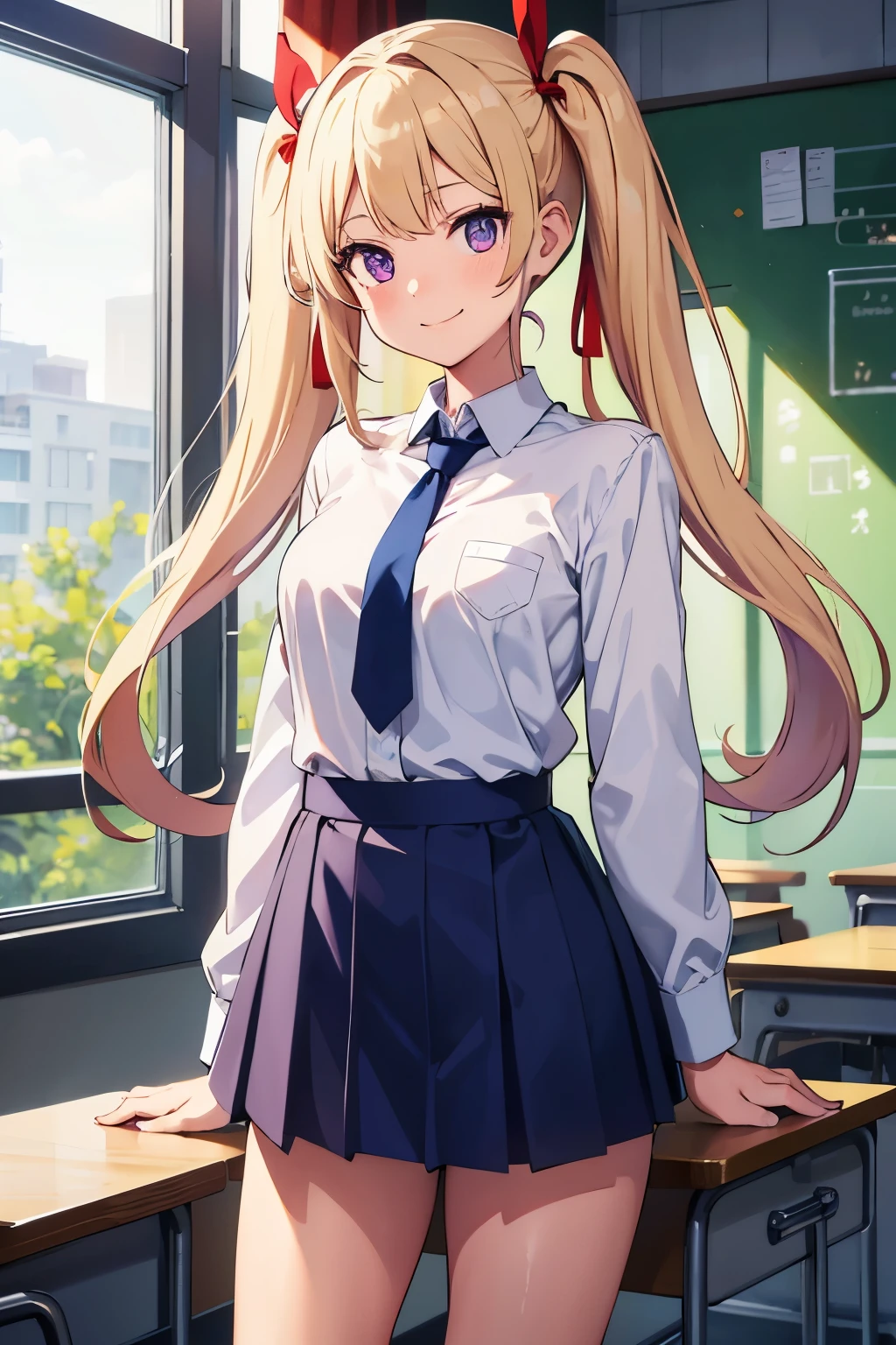 School classroom Junior high school girl 14Age: 20, Gal, A-cup breasts, Blonde hair, Long pigtails, Red ribbon in pigtails, Purple eyes ((one person)) Smiling, white long-sleeved blouse on the upper body, navy blue miniskirt on the lower body, blue tie, white and light blue horizontal striped panties, black socks, standing