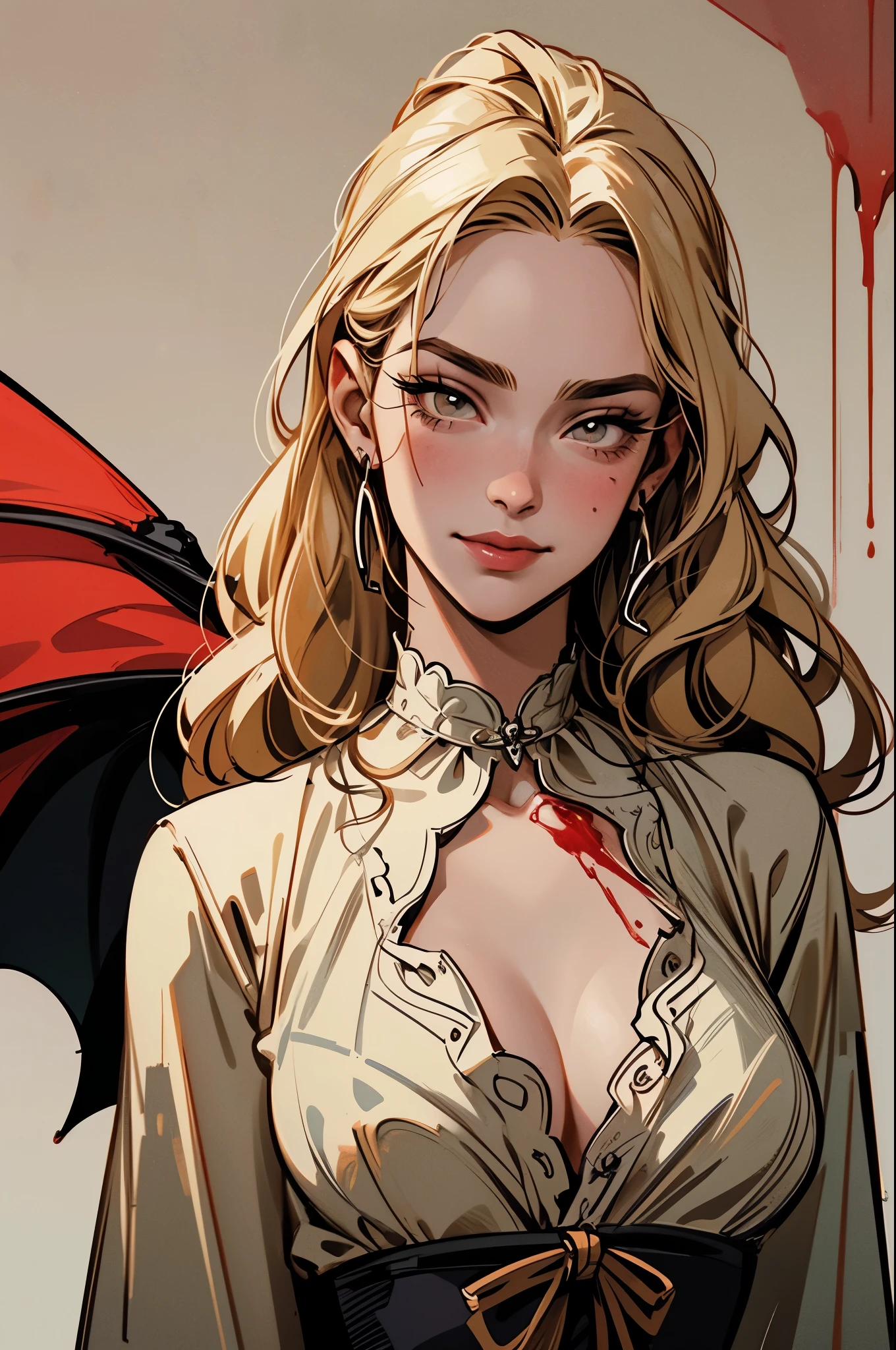 Vampire girl is wearing a boy's neck and sucking live blood、Live blood drips from the mouth and nape of the neck、Girl is smiling while glaring at viewers、The boy has his back turned and his face is not visible、Masterpiece、top-quality、A hyper-realistic、God girl with beautiful blonde long hair々There is a sense of