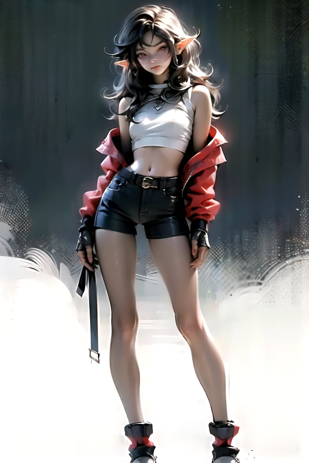 view straight standing in full growth of a young beautiful elf vampire long ash hair red eyes serious facial expression dark open top on the chest denim shorts on the legs Czech shoes without fasteners beautiful open chest breasts of the second size short legs in excellent quality