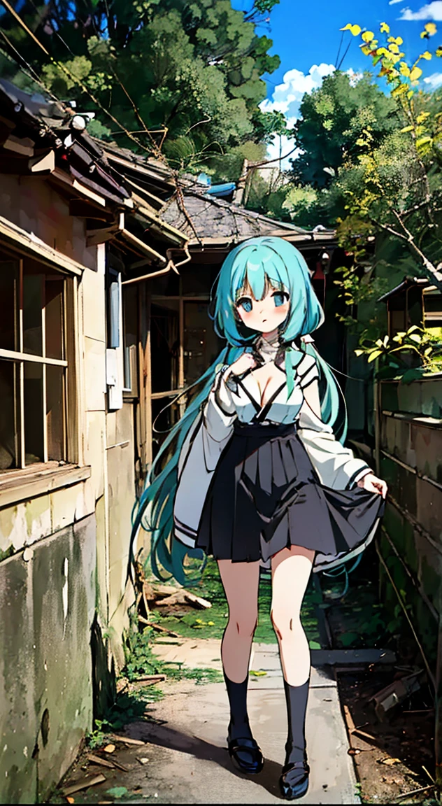 masterpiece, highest quality, (anime screencap:1.3),(shape), cute,(simple:1), (anime:1.2),Solo Sharp Focus, 1 girl, cleavage,looking at the viewer, Japan,aqua hair,((mini skirt)),Are standing, twin tails,summer ,((Black Gothic Costume)),red ribbon,dark gothic,abandoned house,