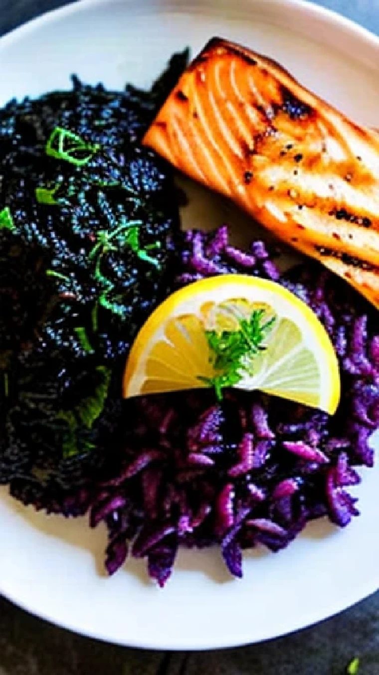 a plate of black rice with homemade grilled salmon