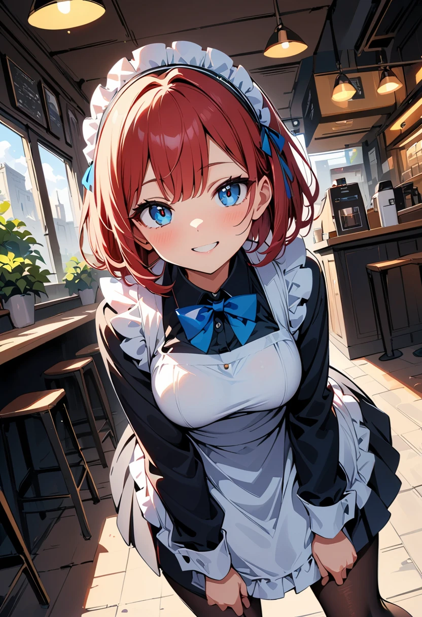 (high quality, 8k, 4K, High Contrast, masterpiece:1.2, 最high quality, Best aesthetics), , Maid, Very detailed, Seductive and erotic girl with lace headdress, smile, Focus on the face, Focus on the face, Complex eyes, tights, laced tights, coffee shop, Ground angle shot, Viewers looking up, feet in tights, Red Hair，Short Hair