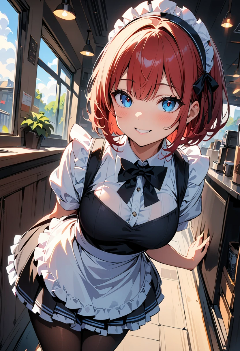 (high quality, 8k, 4K, High Contrast, masterpiece:1.2, 最high quality, Best aesthetics), , Maid, Very detailed, Seductive and erotic girl with lace headdress, smile, Focus on the face, Focus on the face, Complex eyes, tights, laced tights, coffee shop, Ground angle shot, Viewers looking up, feet in tights, Red Hair，Short Hair