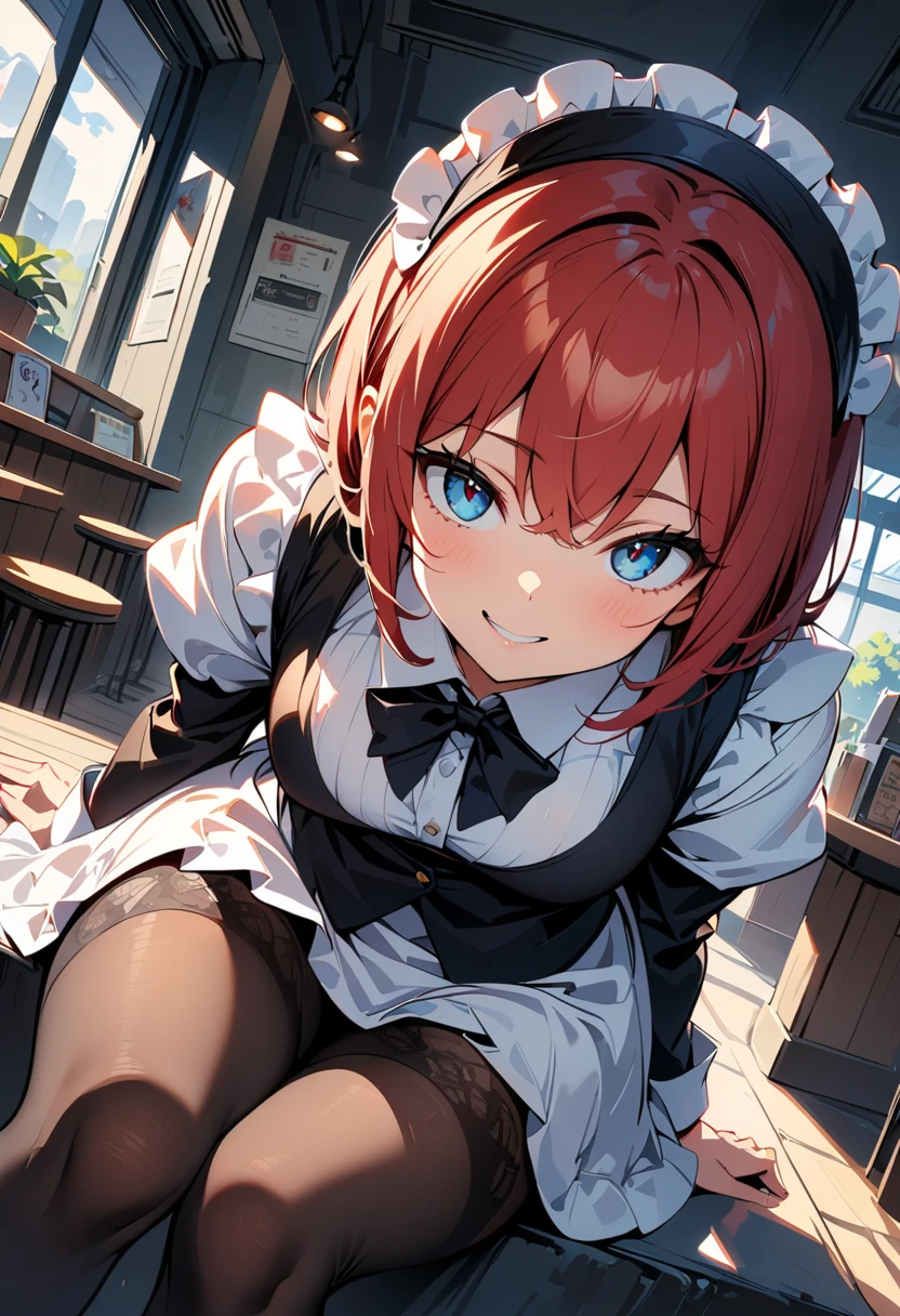 solo,1girl(big breast)(masterpiece, best quality:1.2),Ellen Jo，Zenless Zone Zero，alternate costume ,maid, shark tail, (shark girl:0.5), short hair，black hair，red eyes, tail, pantyhose,multicolored hair, black footwear, short sleeves, apron, wrist cuffs, maidheaddress, stockings, nyantchaellen joe, black hair, red hair，colored inner hair, multicolored hair, (red eyes:1.3), red hair, short hair, two-tone hair,apron, black pantyhose, black shirt, ear piercing,