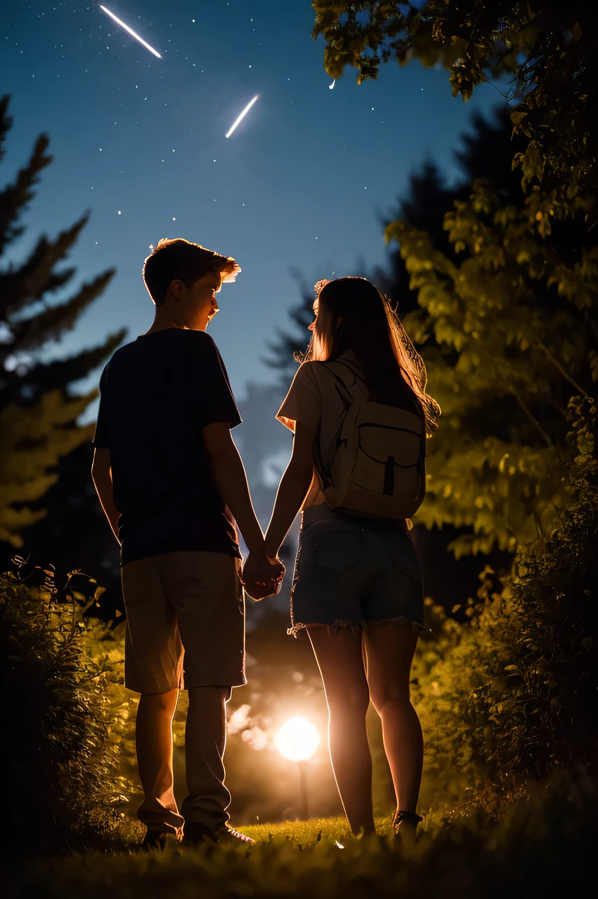 15-year-old boy and girl holding hands,standing in the short grass, perfect body, beautiful face, night, ultra high quality, fireflies, magical, mysterious, love, romantic, photorealistic, silhouette, ultra HD, fireflies in the background,