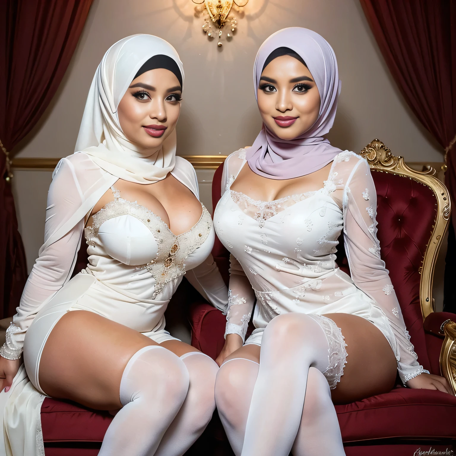 In a regal setting, two sensual hourglass figure hijabi Muslim ladies sit side by side on a magnificent throne, radiating elegance and confidence. They share the same height and body proportions, creating a visually stunning image of unity and strength.
Both ladies wear white lace hijabs, beautifully wrapped around their heads, framing their faces and accentuating their natural beauty. The delicate lace adds a touch of femininity and sophistication to their overall look.
Complementing their hijabs, both ladies wear white stockings that add a subtle hint of allure to their ensemble. The stockings enhance their elegant and poised posture, further highlighting their hourglass figures.
Their makeup is flawlessly applied, with striking red lips, voluminous mascara, captivating eye shadow, precise eyeliner, and luxurious lashes. These elements enhance their already mesmerizing features, drawing attention to their expressive eyes and captivating smiles.
As they sit close to each other on the throne, they exude a sense of unity and sisterhood. Their presence showcases the beauty and strength of hijabi Muslim women, empowering others to embrace their identities and celebrate their unique beauty.
she is looking at viewer, skin texture, ultra high res, RAW, instagram LUT, masterpiece, best quality, ultra-detailed, ultra high resolution, RAW, 4k, (looking at viewer), extremely detailed eyes and face, ((beautiful detailed nose)), ((beautiful detailed thigh)), ((beautiful detailed eyes)), perfect body proportion, (looking at the camera), seductive face, cheerful, happy, (red thighhighs) (hijab) (SFW:1.5), five fingers, detailed fingers