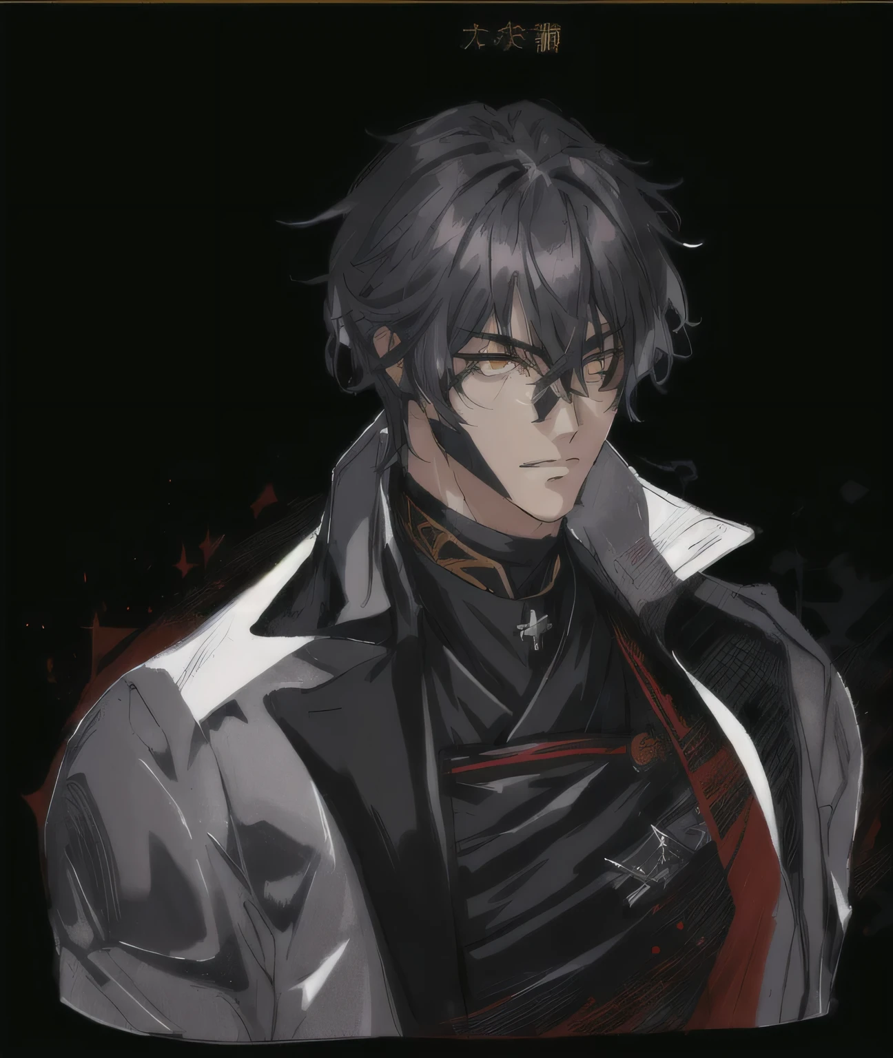 man with dark silver medium hair, tousled hair, In a black jacket, black cloak, Anime handsome, looks tired, serious, handsome guy in demon slayer art, Tall anime guy with golden eyes, male anime character, inspired by Okumura Masanobu, anime portrait of handsome man, handsome man,Silver medium hair, male anime style, like an anime character