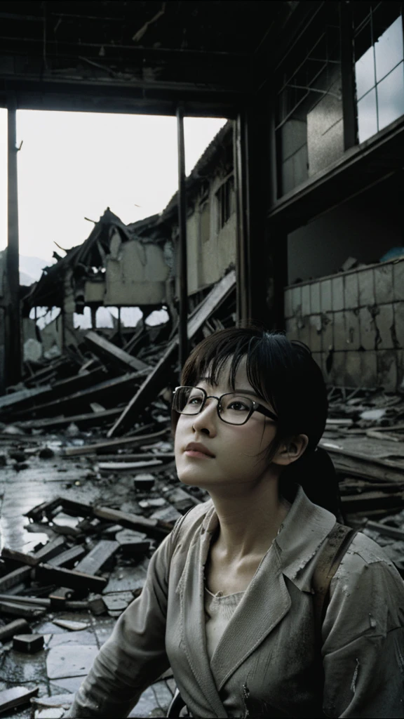 Showa,Collapse,Devastation,Inside the ruins,Glasses,Women,adventure,Black and White,
