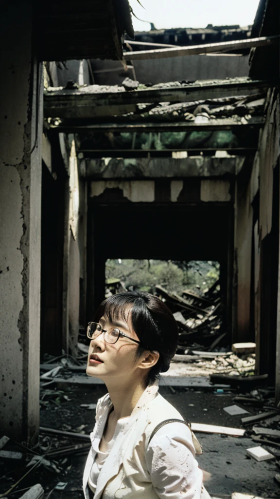 Showa,Collapse,Devastation,Inside the ruins,Glasses,Women,adventure,Black and White,