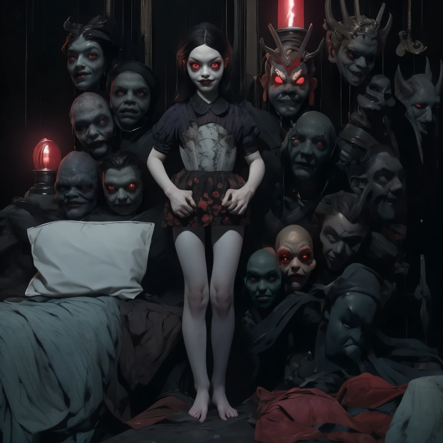 [(1woman entity sleep paralysis,red haired,creepy red eyes,fangs,pale skin,red wine claws,creepy white dress,thin body,nice hands,nice fingers,nice legs,nice mouth,nice face,nice body,perfect anatomy)],[ ghoul,thin body,black fingers,grey skin,red teeth fangs,little smile,long sleeves collar,cute,pretty,creepy doll)],masterpiece, highres, an image of a beautiful cyberpunk  Mila Kunis fairy goth, green eyes, black hair best quality, 8k, best quality, ultra-detailed,1girl, , 8 years old, 1girl, lilsis, dirty, blood, pajamas dress, black hair, dress, horror \(theme\), glowing eyes, creepycute, (bedroom:1.4)