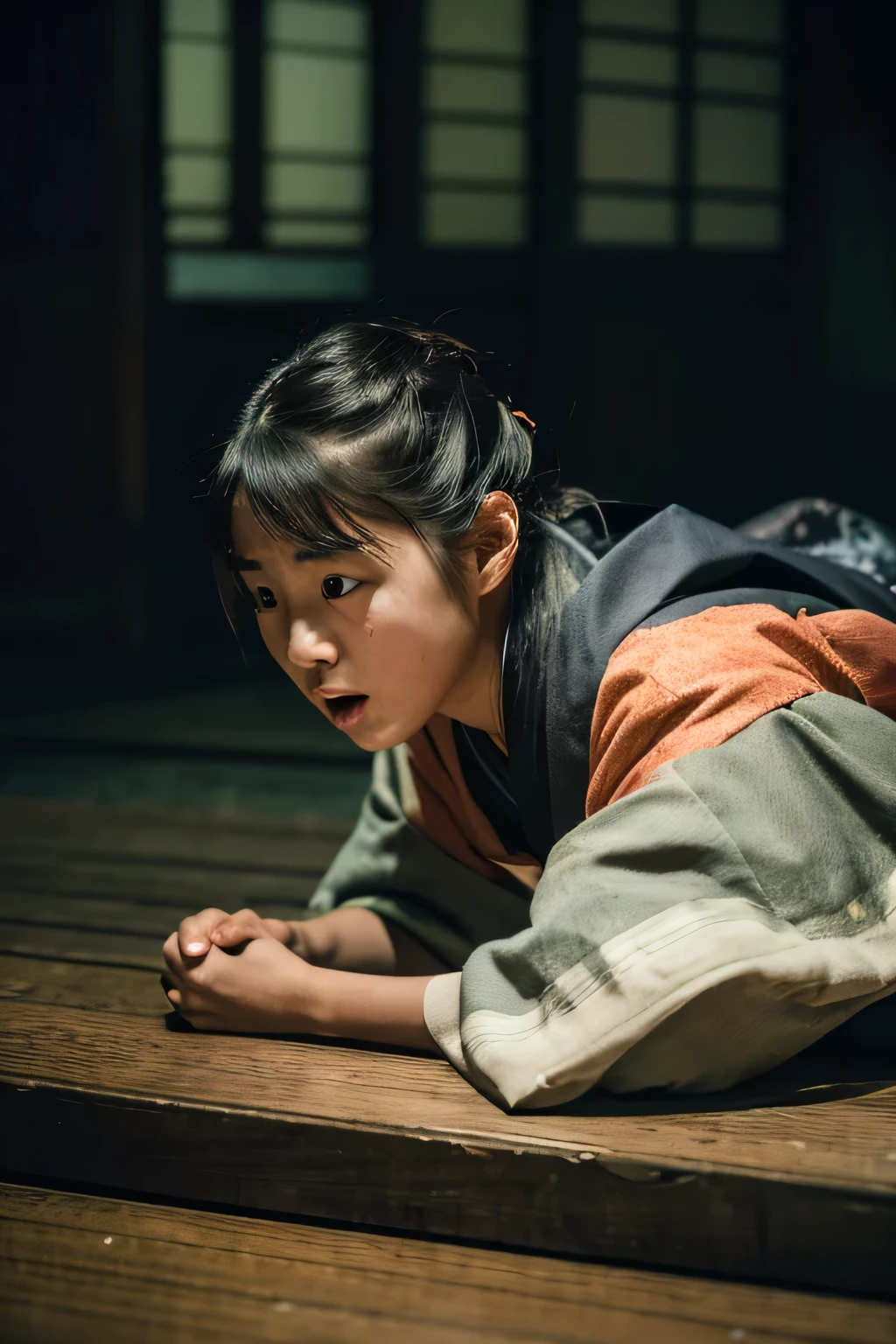 (8K)、(highest quality: 1.2)、(Real)、(Real: 1.37)、Ultra-high resolution、horror film、Dark world、Japan Edo Period、Japan in the 1700s、An 18-year-old girl in a kimono lying face-up on the ground、18-year-old daughter in pain、It gets dark like a storm is about to break out、A scene from a play in which a 40-year-old father gets so angry he raises his fist at his daughter.