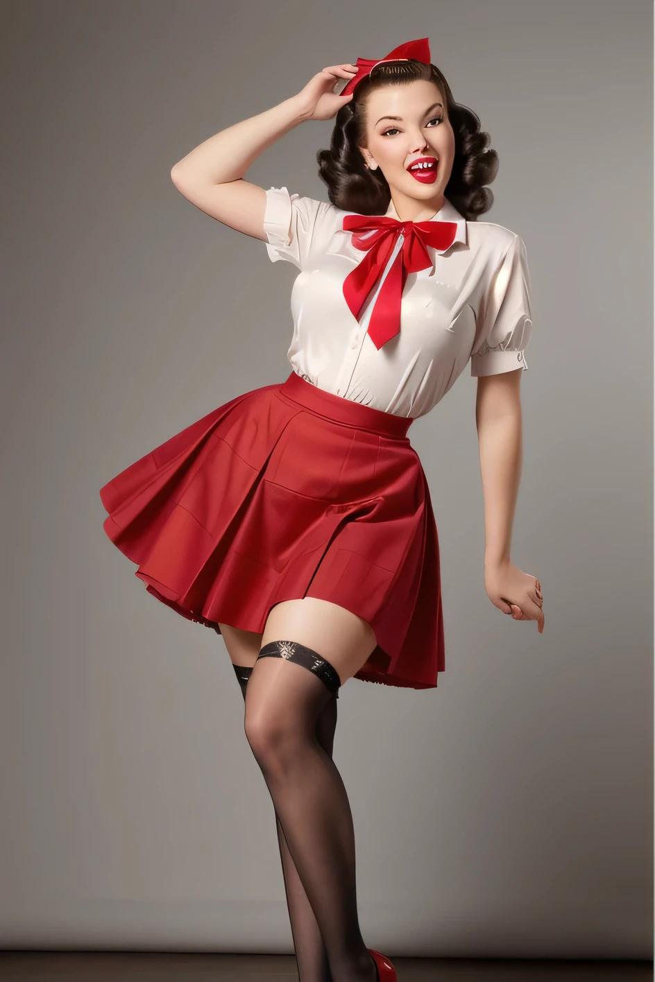 Ultra high resolution The girl leans forward at full heigh adding mystery and sexuality. (((Full length. the fluffy skirt rides up in the strong wind))) (((full skirt in pin-up style, knee length)))
The dress in the style of the 1950s, complete with a full skirt and petticoat, a red bandana on the head, and red stockings on the legs. ((((girl bends down to her legs.)))) stands on her feet leaning forward in the style of pin-up posters, . happy Smiling face. (((posing with her skirt up like girls on pin-up posters))) (pin up style clothes)
The photo is made in pin-up style the retro-USA vibe. overposing, strong posing like a model, the skirt rides up a lot in the wind. the skirt rides up in the wind, the model holds it with her hand.
The model has a pin-up style with her hair styled in victory rolls, associated with Veronica Lake. She has plump sexy red lips, depicting an American housewife, against a single-color backgroundUltra hight resolution in stock photography style.
The dress is minimalist in large checks in the style of the 1950s, complete with a full skirt and petticoat, a red bandana on the head, and red stockings on the legs. The photo is made in pin-up style. emphasizing the retro-USA vibe. Her hair in a 50's pin-up style and open mouth creates the image of a glamorous girl. plain studio background