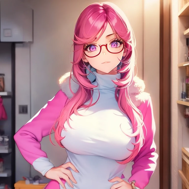 masterpiece, best quality, high resolution, UHD, 8k, ((cowboy shot)), BREAK, 1 girl, ((girl style anime)), Glossy skin, rounded eyes, beautiful eyelashes, realistic eyes, beautiful woman, with purple eyes, long hair, pink hair, with red balayage highlights, dressed in a pink turtleneck sweater, pink fur coat, wearing pink heart glasses, wearing a pink dress, with bracelets on their wrists, perfect body, medium breasts, BREAK, BREAK, in a clothe store very nice.