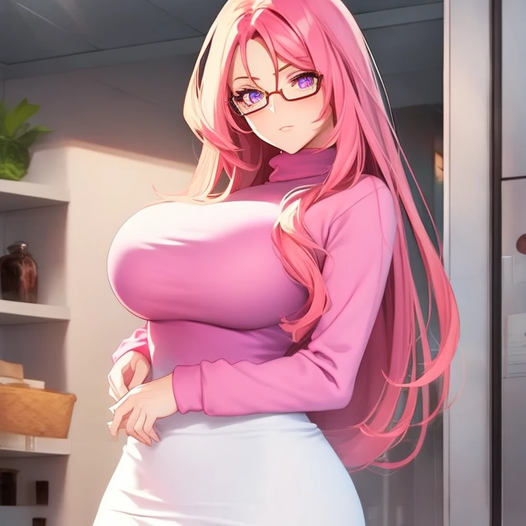 masterpiece, best quality, high resolution, UHD, 8k, ((cowboy shot)), BREAK, 1 girl, ((girl style anime)), Glossy skin, rounded eyes, beautiful eyelashes, realistic eyes, beautiful woman, with purple eyes, long hair, pink hair, with red balayage highlights, dressed in a pink turtleneck sweater, pink fur coat, wearing pink heart glasses, wearing a pink dress, with bracelets on their wrists, perfect body, medium breasts, BREAK, BREAK, in a clothe store very nice.