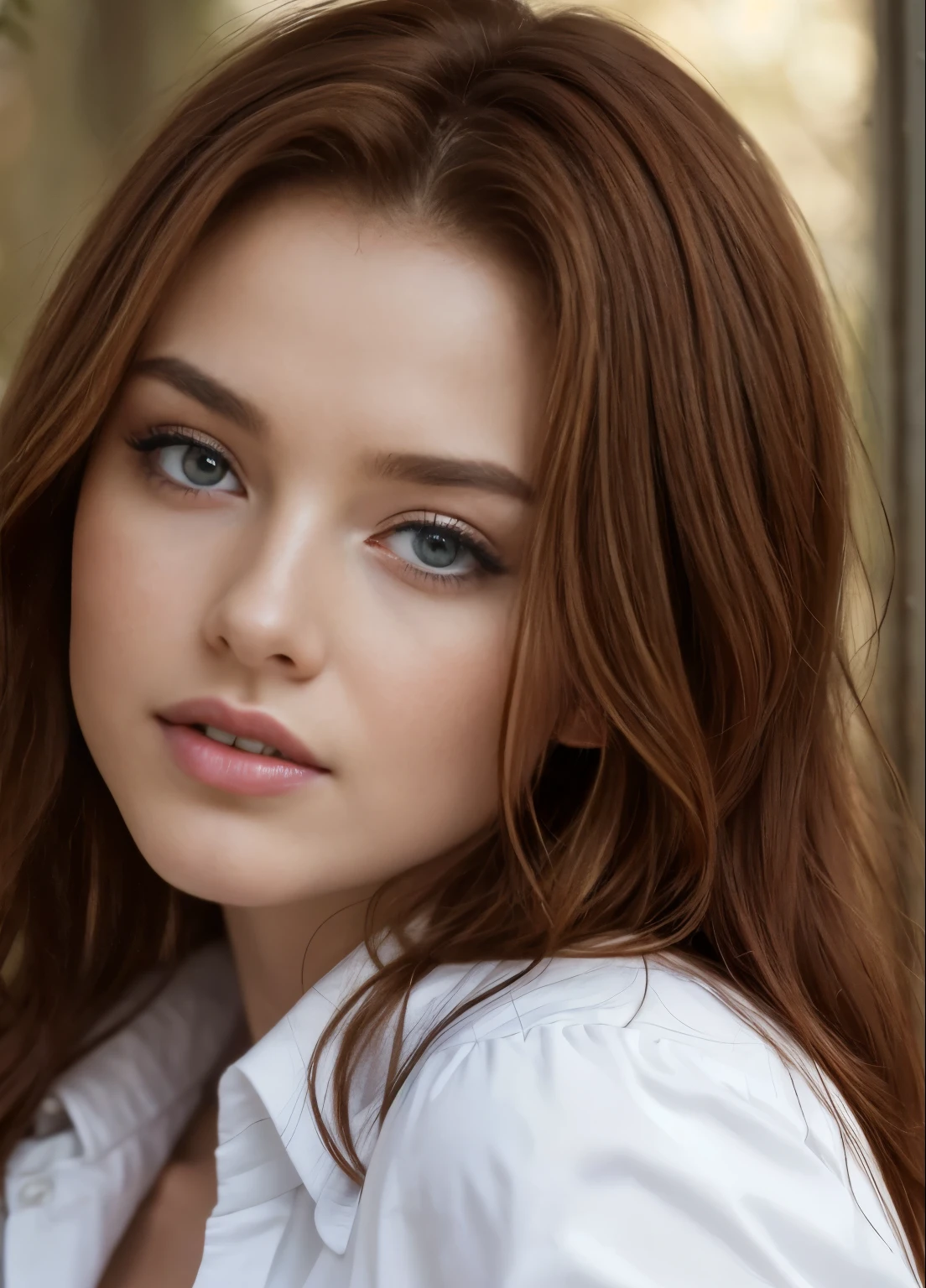 close up of a european woman, ginger hair, winter forest, natural skin texture, 24mm, 4k textures, soft cinematic light, RAW photo, photorealism, photorealistic, intricate, elegant, highly detailed, sharp focus, ((((cinematic look)))), soothing tones, insane details, intricate details, hyperdetailed, low contrast, soft cinematic light, dim colors, exposure blend, hdr, faded
