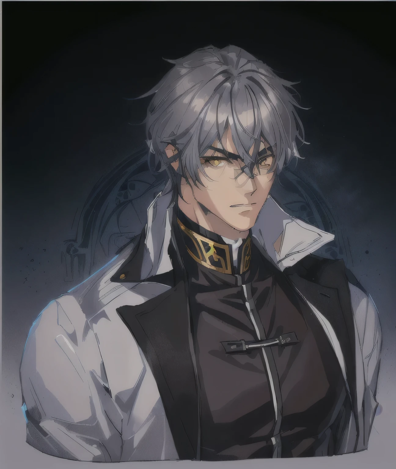 man with dark silver medium hair, tousled hair, In a black jacket, Anime handsome, looks tired, serious, handsome guy in demon slayer art, Tall anime guy with golden eyes, male anime character, inspired by Okumura Masanobu, anime portrait of handsome man, handsome man，Silver medium hair, male anime style, like an anime character