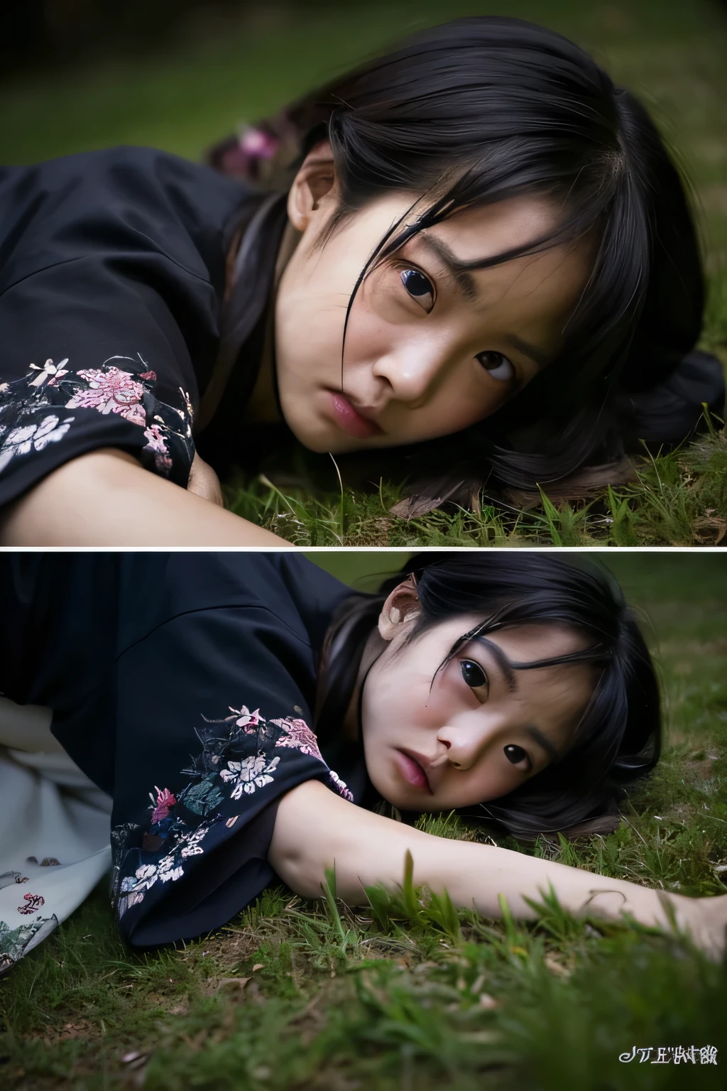 (8K)、(highest quality: 1.2)、(Real)、(Real: 1.37)、Ultra-high resolution、horror film、Dark world、Japan Edo Period、Japan in the 1700s、An 18-year-old girl in a kimono lying face-up on the ground、It gets dark like a storm is about to break out、A scene from a play in which a 40-year-old father gets so angry he raises his fist at his daughter.