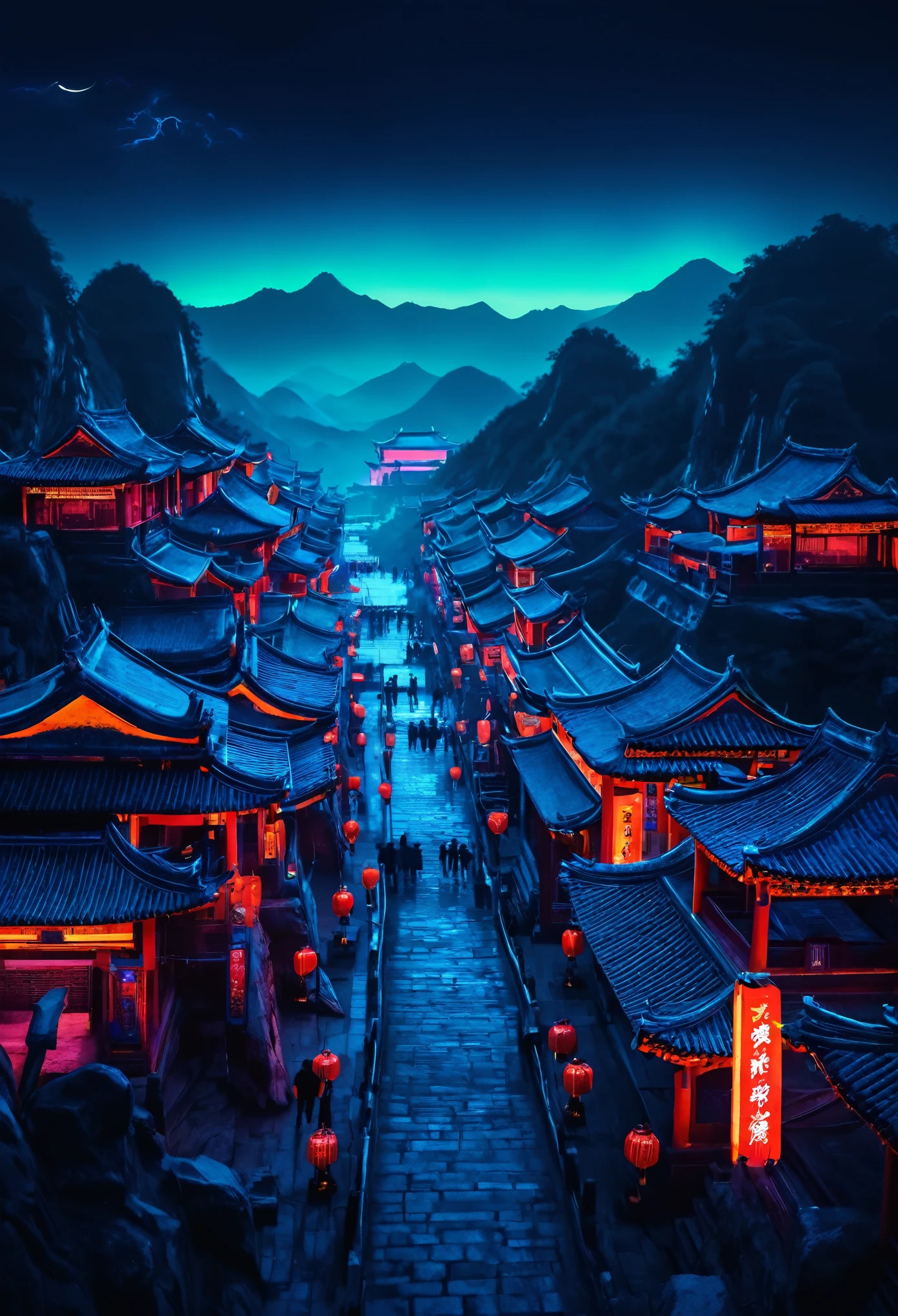 Landscape in ancient China with neon lights.