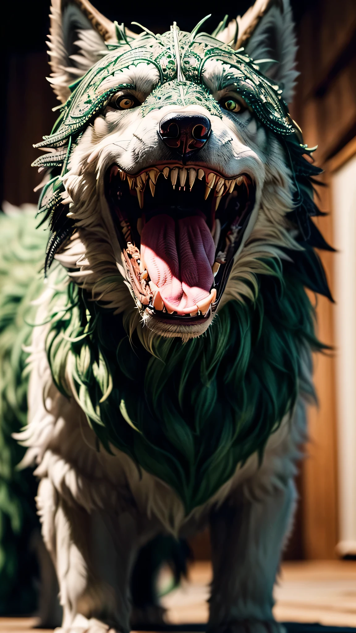 ((best quality: 1.2)) ((masterpiece, extremely intricate:1.3)), soft focus, professional, (((green furred gigantic dire wolf, bloody mouth, howling)), photorealistic, hyper-realistic, 8K
