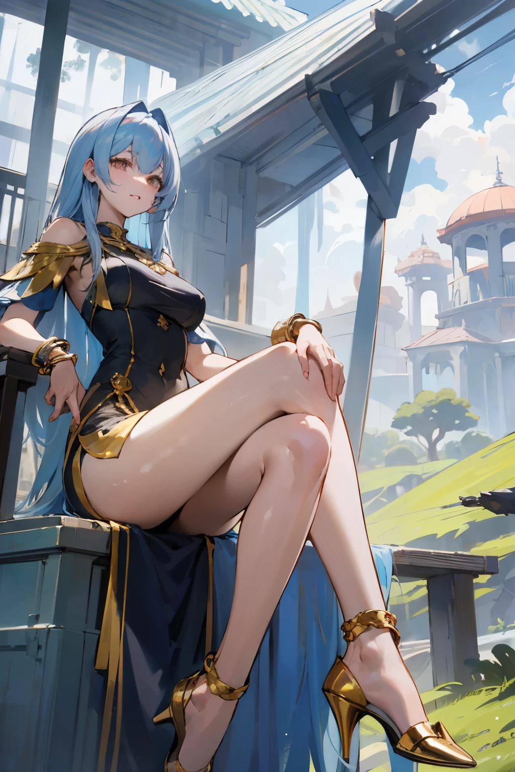 uma mulher, arte estilo anime, high resolution, cabelos verdes lisos, e muito longos, olhos amarelos, pupilas de dragao, olhos com high resolution. silhueta perfeita, corpo perfeito, busto medio, sorriso leve e sereno, pele branca, high skin resolution, runas desenhadas pela parte esquerda do corpo, high resolution nas runas, vestido branco simples, golden bracelets on the leg and arm, super high resolution on bracelets, um trono de madeira, scenery with vegetation, arvore gigante e grossa atras no cenario.

