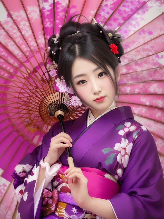 araffe woman in a kimono holding a purple umbrella, in kimono, japanese kimono, Photographic portrait of a geisha, kimono, Japanese style, Traditional Japanese, Japanese Geisha, inspired by Nishikawa Sukenobu, in a kimono, Japanese women, wearing kimono, wearing royal kimono, Geisha hairstyle, wearing a kimono, Traditional geisha costume